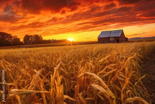golden sunset over a freshly harvested cornfield, created with generative ai
