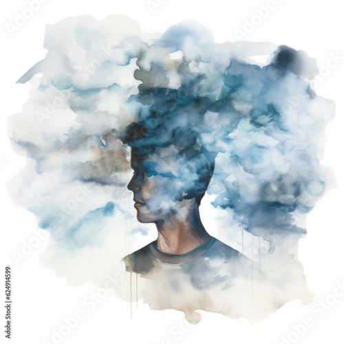 Man Disappearing into Cloud or Fog Over His Head, Watercolor Isolated Illustration of Succumbing to Misinformation or Mental Illness photo