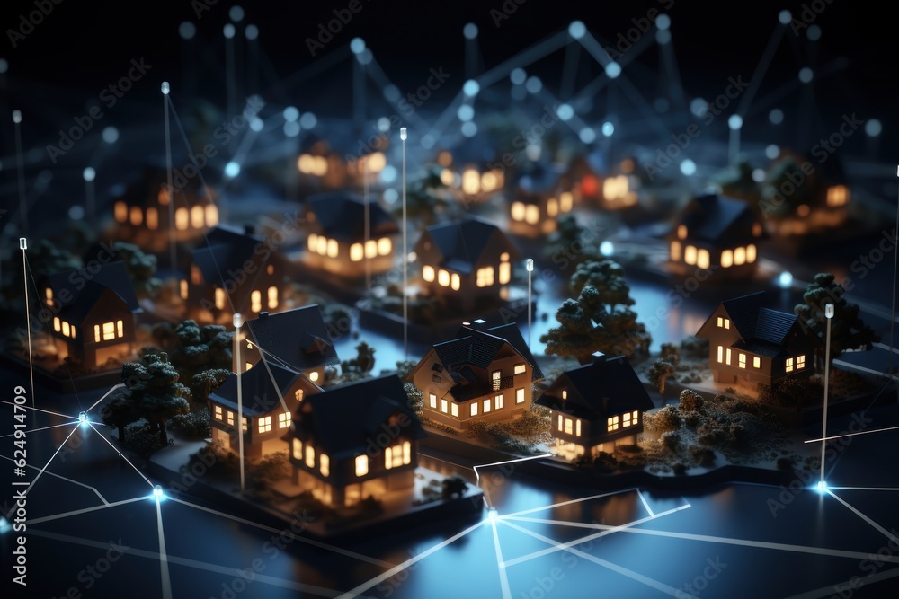 Digital Community. Smart Community. Digital Network in Society Concept. Suburban Houses. Data Transactions. Smart Homes. Smart Village. Smart Houses. Made With Generative AI.	