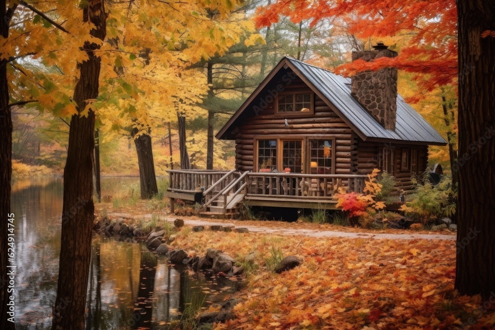 rustic cabin surrounded by autumn foliage, created with generative ai rustic cabin surrounded by autumn foliage, created with generative ai