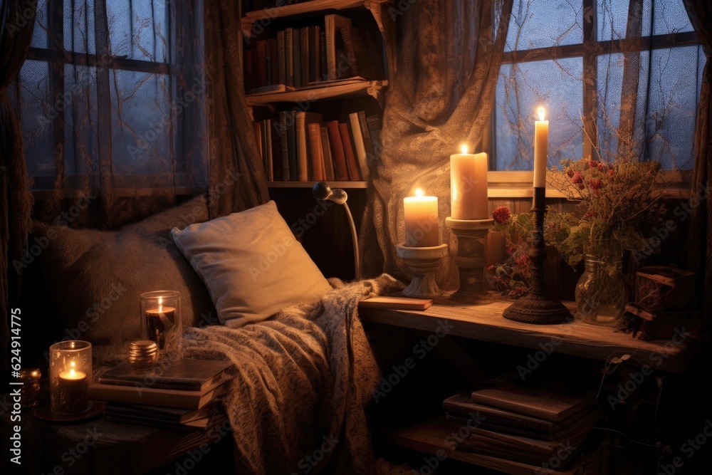 cozy reading nook with book and candlelight, created with generative ai