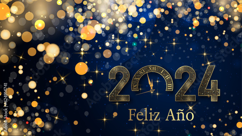 tarjeta o pancarta para desear un feliz año nuevo 2024 en oro el 0 es un reloj en un fondo degradado azul oscuro con estrellas y círculos en color dorado en efecto bokeh
