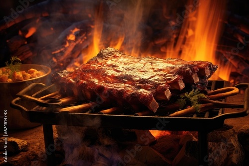 ribs sizzling with campfire flames in background, created with generative ai