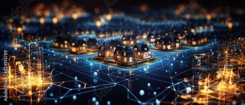 Digital Community. Smart Community. Digital Network in Society Concept. Suburban Houses. Data Transactions. Smart Homes. Smart Village. Smart Houses. Made With Generative AI. 