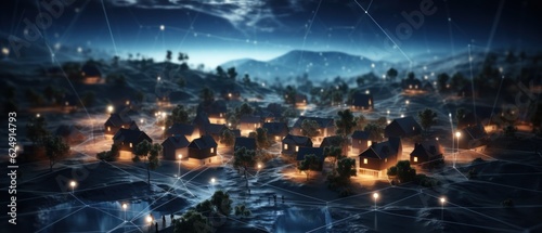 Digital Community. Smart Community. Digital Network in Society Concept. Suburban Houses. Data Transactions. Smart Homes. Smart Village. Smart Houses. Made With Generative AI. 