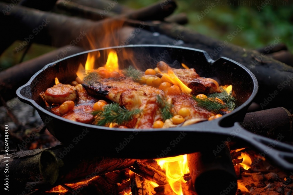 sizzling cast iron skillet with food over campfire flames, created with generative ai sizzling cast iron skillet with food over campfire flames, created with generative ai