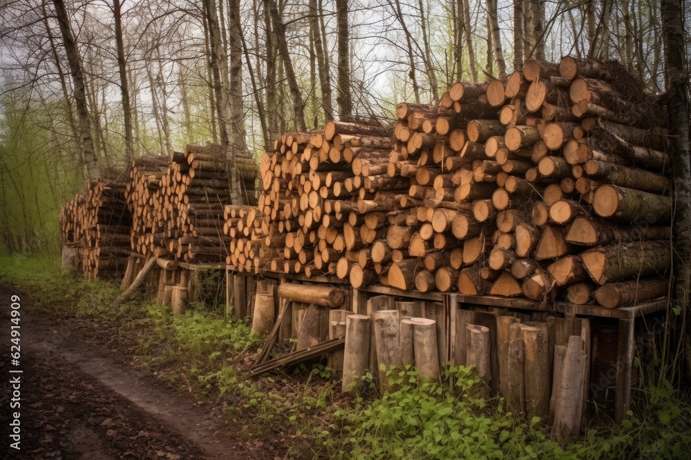 chopped firewood with beetle damage signs, created with generative ai