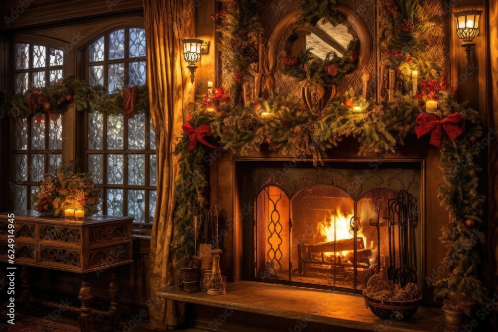 warm fireplace adorned with festive holiday decorations, created with generative ai