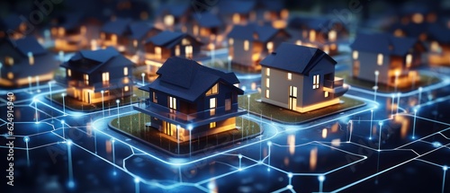 Digital Community. Smart Community. Digital Network in Society Concept. Suburban Houses. Data Transactions. Smart Homes. Smart Village. Smart Houses. Made With Generative AI. 