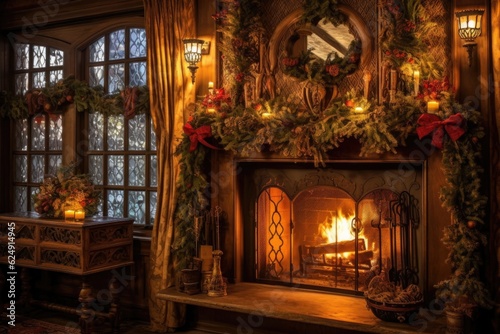 warm fireplace adorned with festive holiday decorations  created with generative ai