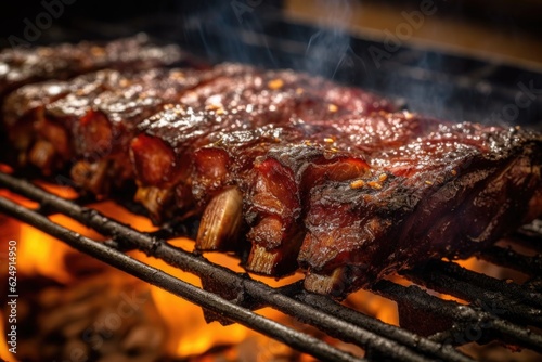 close-up of juicy bbq ribs in a smoker, created with generative ai