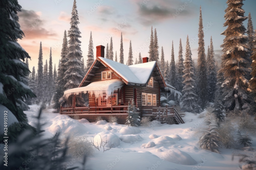 snowy cabin surrounded by frosty pine trees, created with generative ai