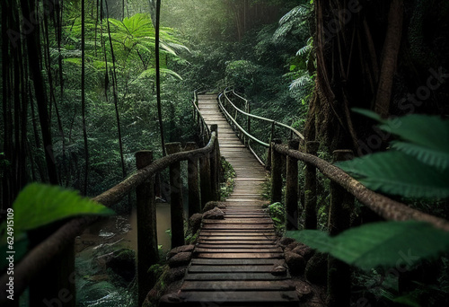 Wooden bridge in the jungle. AI Generated