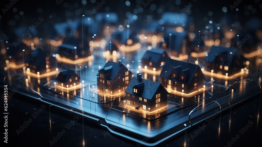 Digital Community. Smart Community. Digital Network in Society Concept. Suburban Houses. Data Transactions. Smart Homes. Smart Village. Smart Houses. Made With Generative AI.	