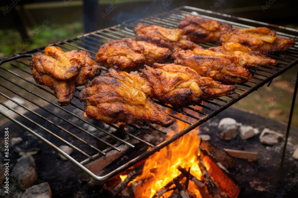 golden, crispy chicken wings on a campfire grill, created with generative ai