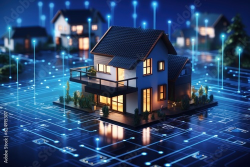 Digital Community. Smart Community. Digital Network in Society Concept. Suburban Houses. Data Transactions. Smart Homes. Smart Village. Smart Houses. Made With Generative AI. 