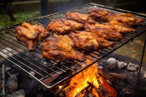 golden  crispy chicken wings on a campfire grill  created with generative ai