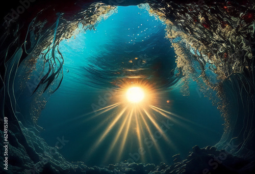 View from the depths of the ocean to the sun. AI Generated