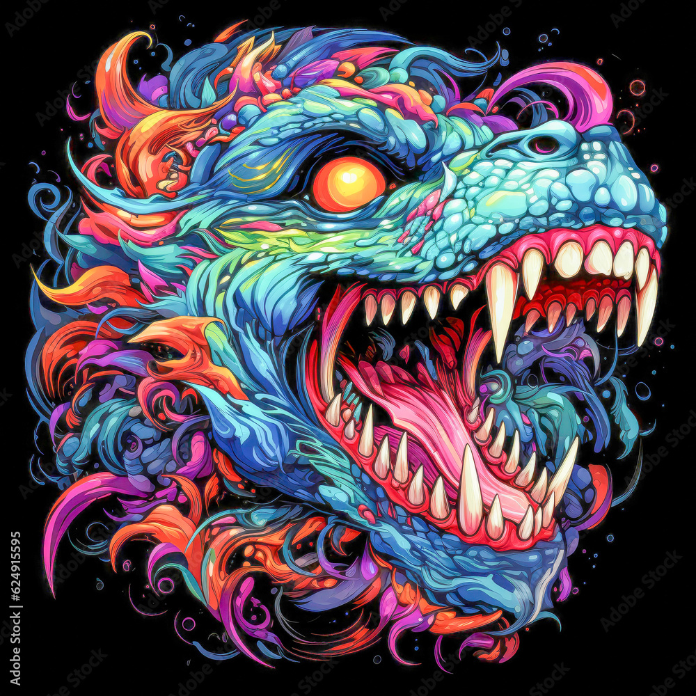 Enigmatic Kaleidoscope Beautiful Psychedelic Beast with Big Teeth Intricate Patterns and Colorful Pop Out Art