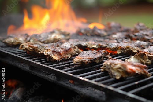 close-up of oysters on a grill over campfire flames  created with generative ai