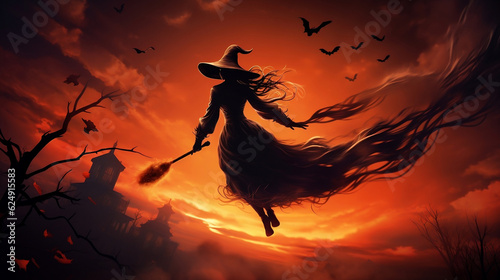 Halloween witch silhouette flying moon new quality universal colorful technology image illustration design  generative ai