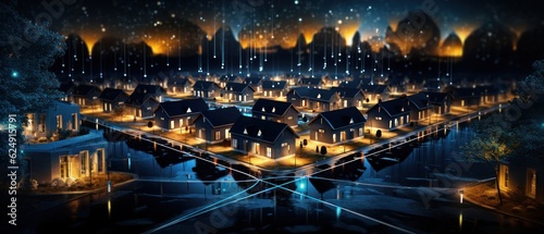 Digital Community. Smart Community. Digital Network in Society Concept. Suburban Houses. Data Transactions. Smart Homes. Smart Village. Smart Houses. Made With Generative AI. 