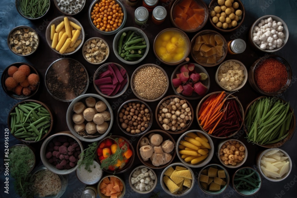 top view of assorted canned vegetables and spices, created with generative ai