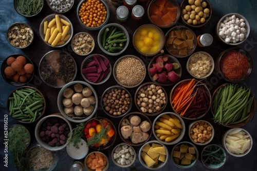 top view of assorted canned vegetables and spices, created with generative ai