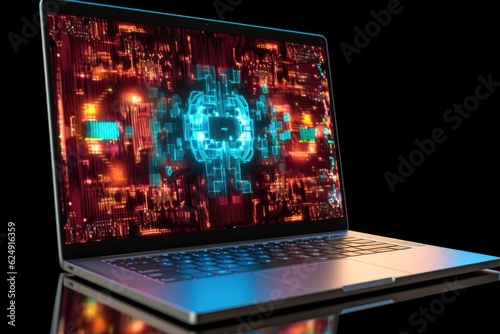 laptop with cybersecurity software on screen, created with generative ai