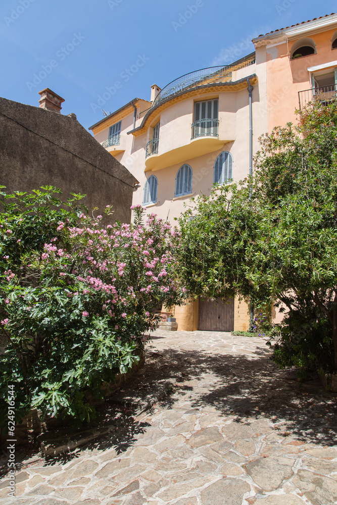 Mediterranean garden design and landscaping, Provence, France: Facades and alley with natural stone paving beautifully planted with lush blooming flowers and green plants in a small village 