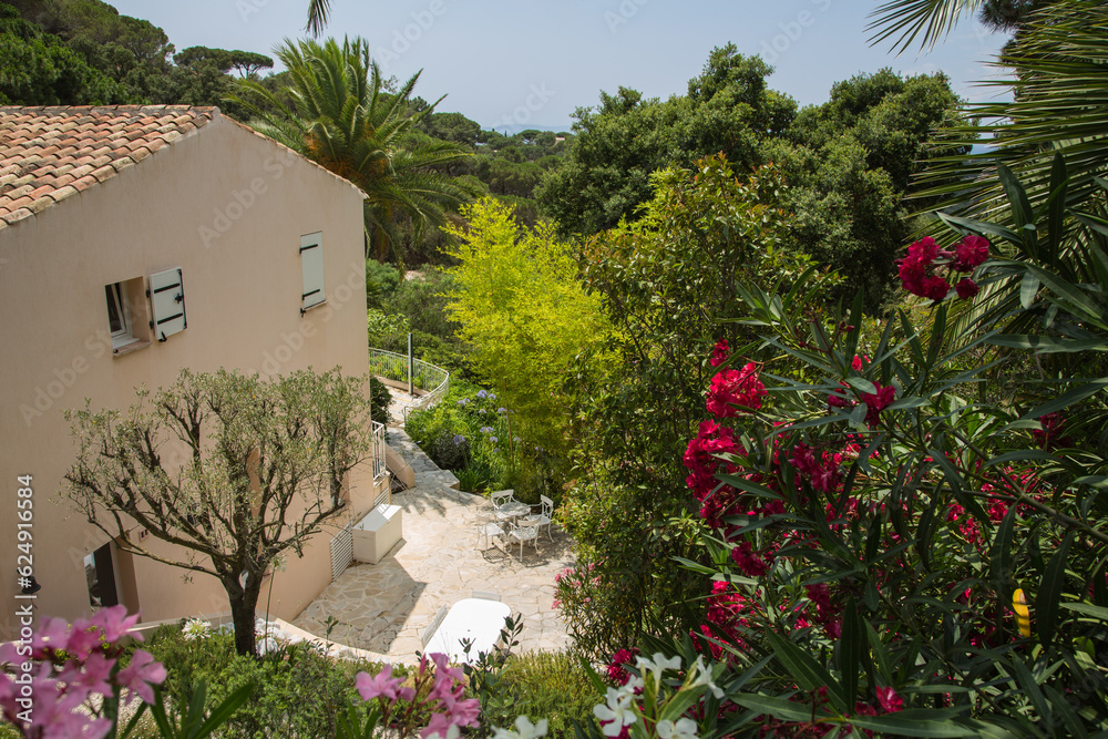 Mediterranean garden design and landscaping, Provence, France: Cozy resting place on a natural stone terrace of a typical Provençal house surrounded by lush blooming oleander,olive,pine and palm trees