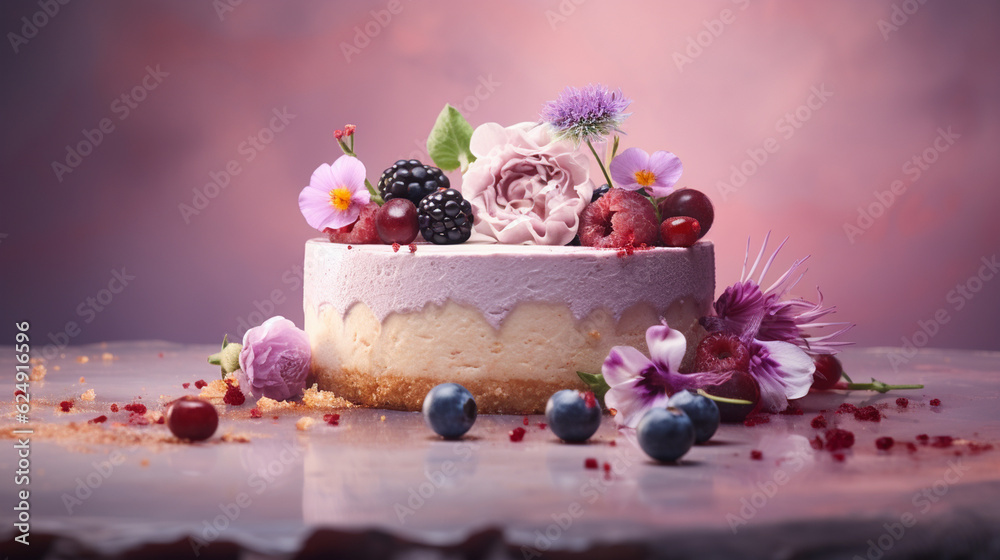 Beautiful and Fresh Cheesecake on a Plate with Berry Topping in Photography Style with Pastel and Feminine Color Tones - Studio Lighting Effect Food Presentation on Vintage Backdrop - Generative AI