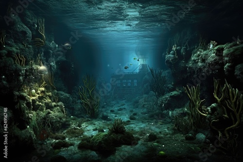 dark underwater landscape of mariana trench, created with generative ai photo