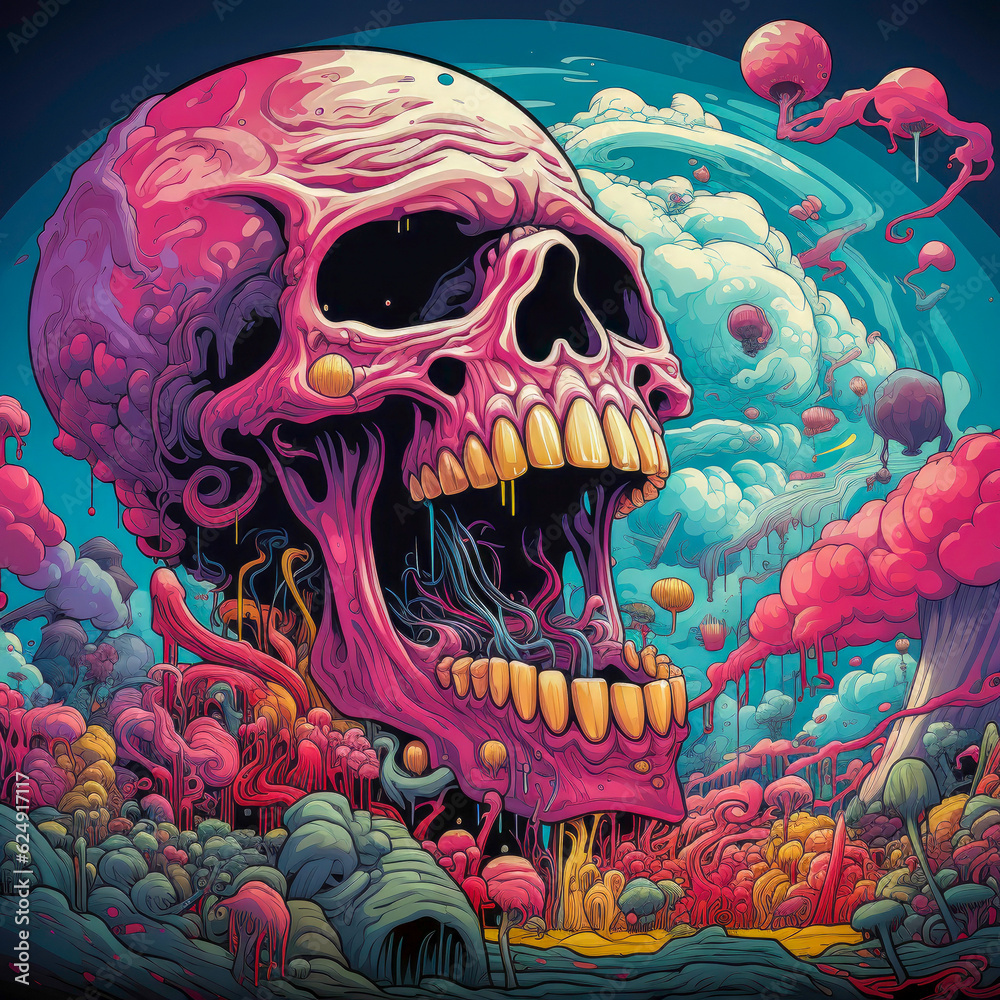 Grotesque Visions Dark Sky Blue and Pink - Graphic Concept Art of Otherworldly 