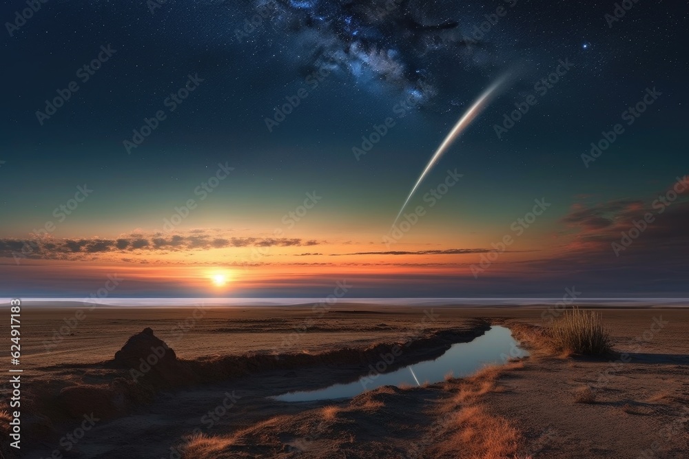 comets tail curving around earths horizon, created with generative ai