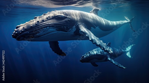 a Humpback whale with a baby calf in a horizontal layout  in a  Nature-themed in a JPG format. Generative AI