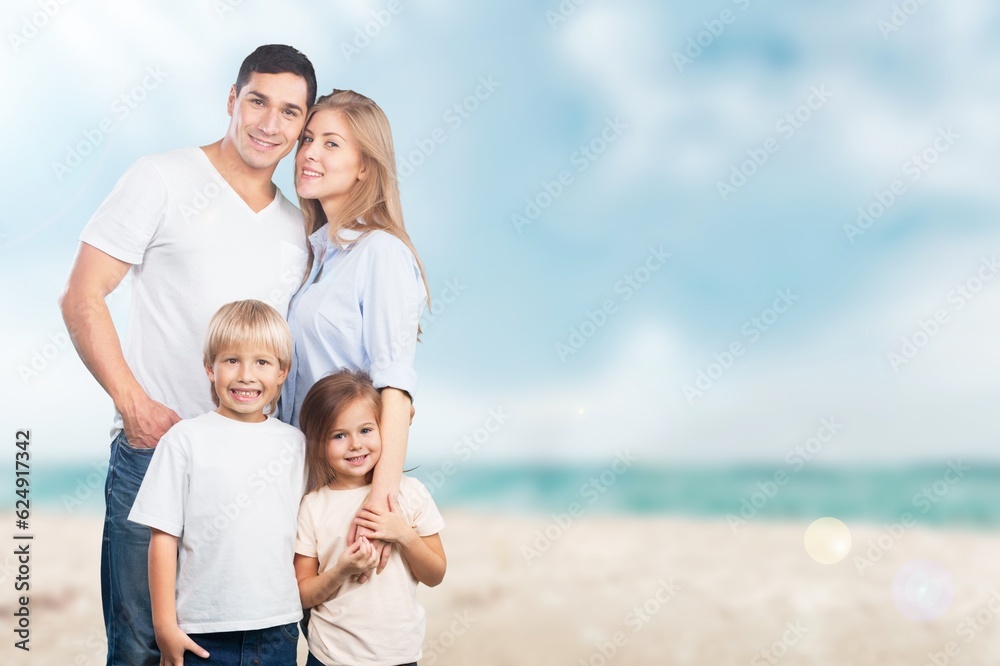 Family travel on a beach with children on vacation
