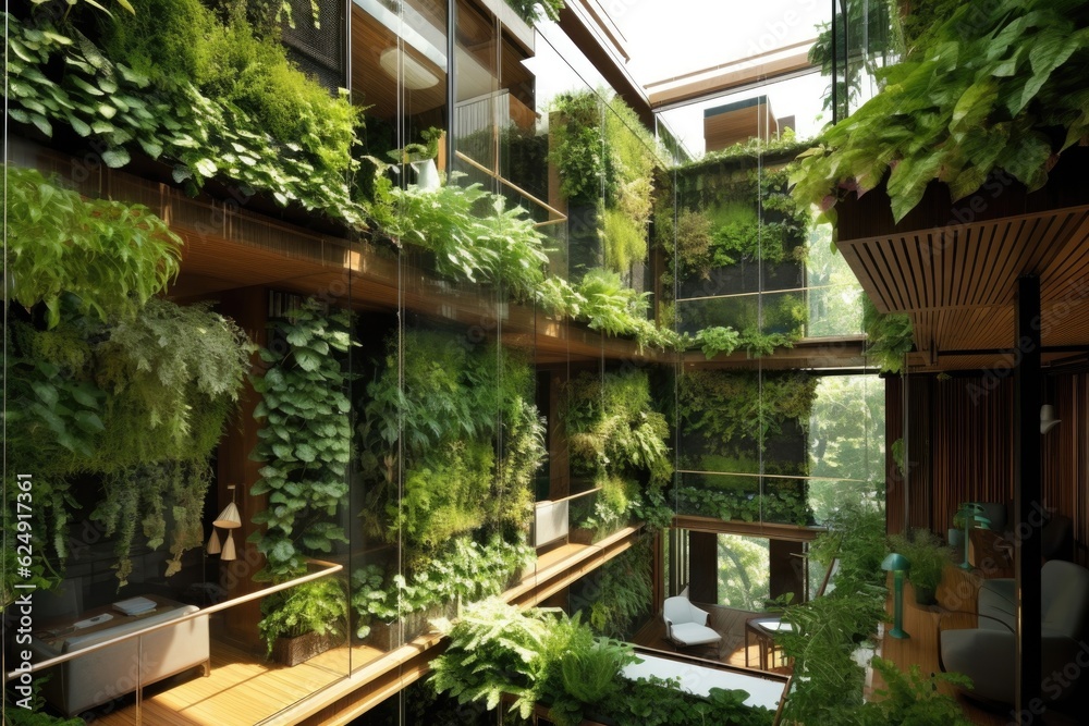 eco-friendly architecture with vertical gardens and natural lighting, created with generative ai