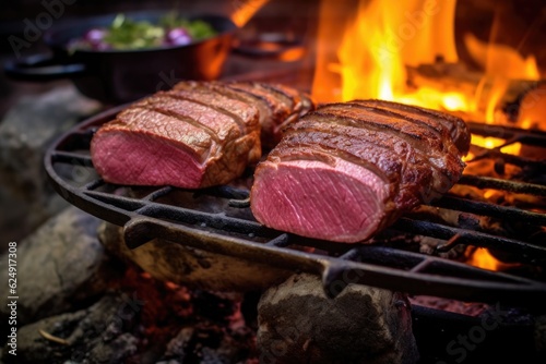 close-up of venison steaks on a campfire grill, created with generative ai