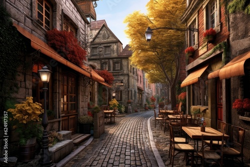 cobblestone street with a cozy outdoor cafe setting, created with generative ai © Alfazet Chronicles