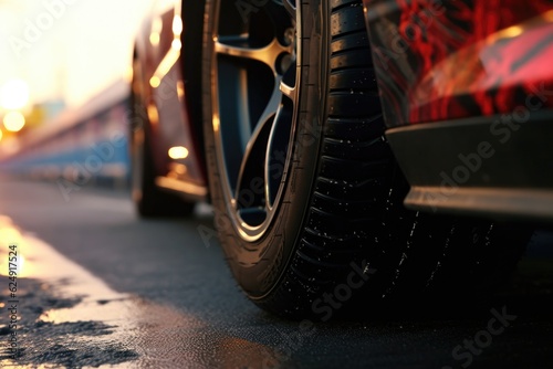 close-up of drag racing car tires gripping the track, created with generative ai