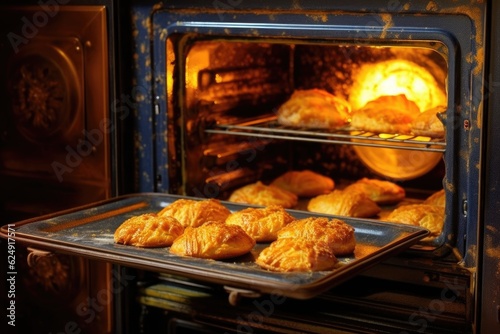 oven door open, revealing golden baked biscuits, created with generative ai