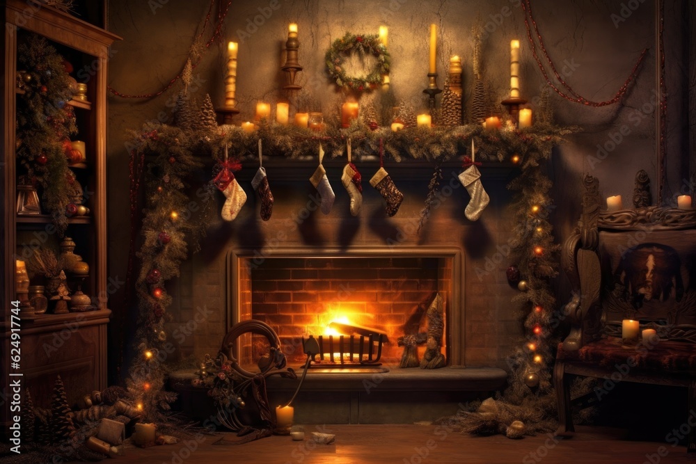 fireplace with illuminated garland and stockings, created with generative ai