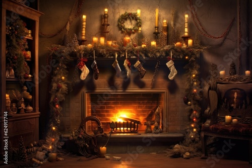 fireplace with illuminated garland and stockings  created with generative ai