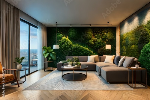 moke up of living room interior with L shape sofa, color gray, open window, green painting on walls photo