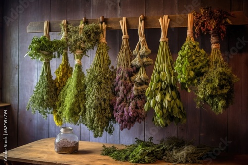 hanging bundles of herbs on wooden rack, created with generative ai