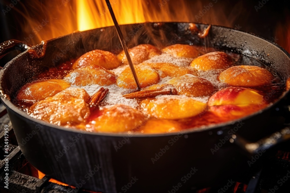 peach cobbler bubbling in a hot dutch oven, created with generative ai