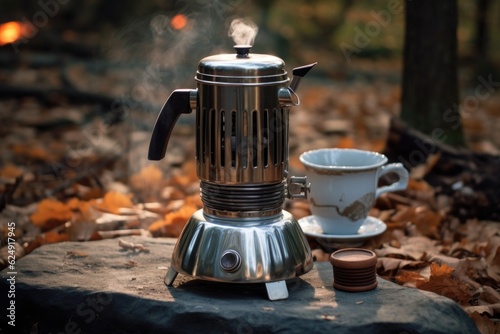 coffee brewing in a vintage percolator on campfire grate, created with generative ai