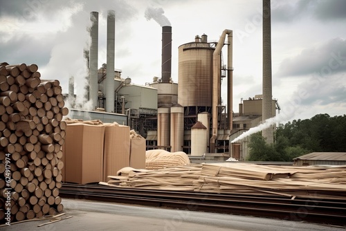 pulp and paper mill, with towering stacks of raw materials and finished products, created with generative ai