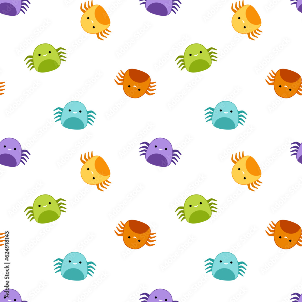 Colorful spiders on seamless pattern. Squishmallow. Cute spider. Kawaii, Vector